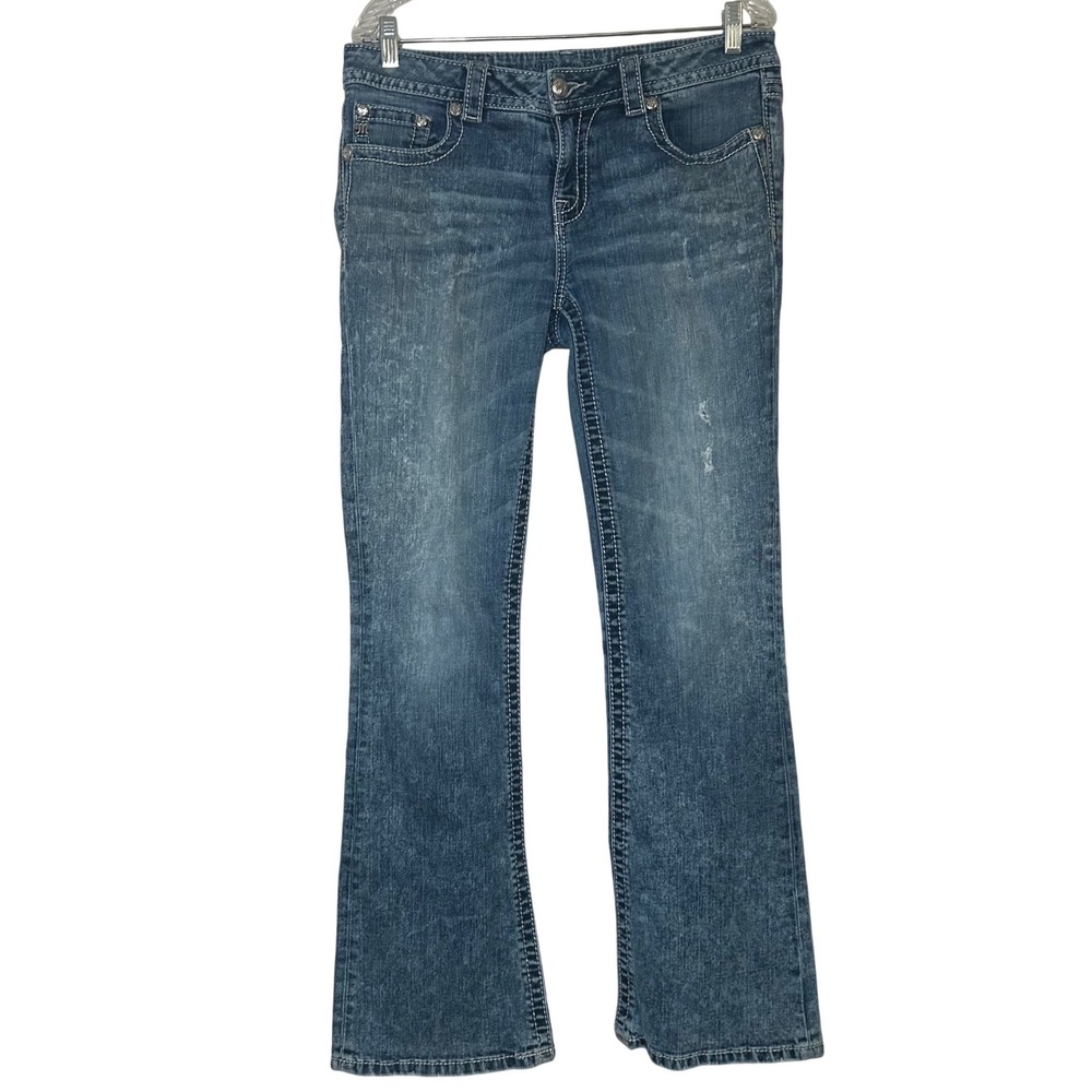 Miss Me Mid Rise Bootcut Jeans Blue Embellished Floral Pockets 31 MP7503BU
